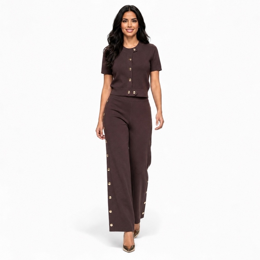 La Diosa Brown Knit Two Piece Set Short Sleeve Cardigan Wide Leg Pants Women L